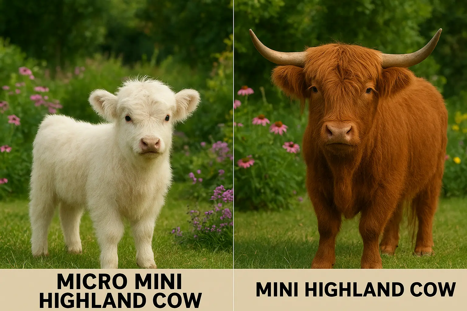 Beautiful mini highland cow for sale standing in green pasture, perfect example of what to look for when buying
