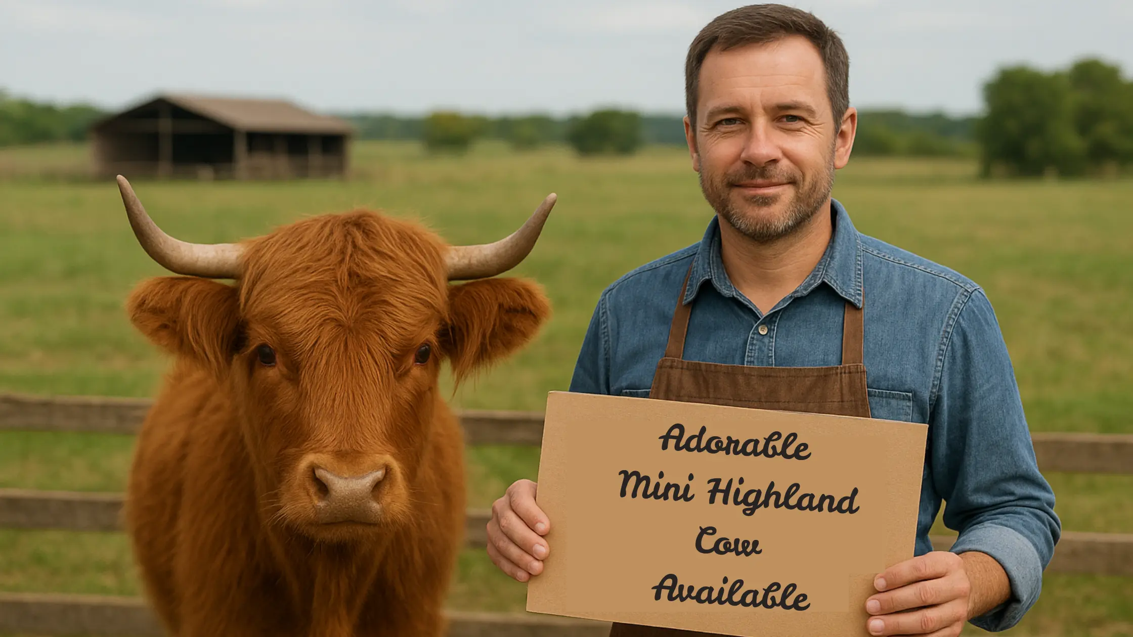 Beautiful mini highland cow for sale standing in green pasture, perfect example of what to look for when buying