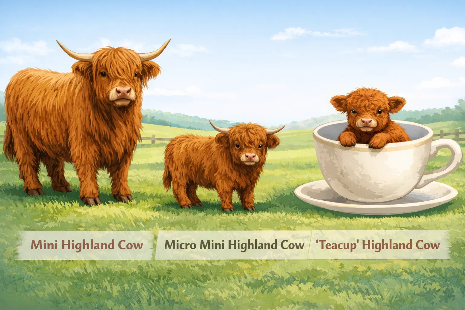 Teacup vs Micro vs Mini Highland cows size comparison
